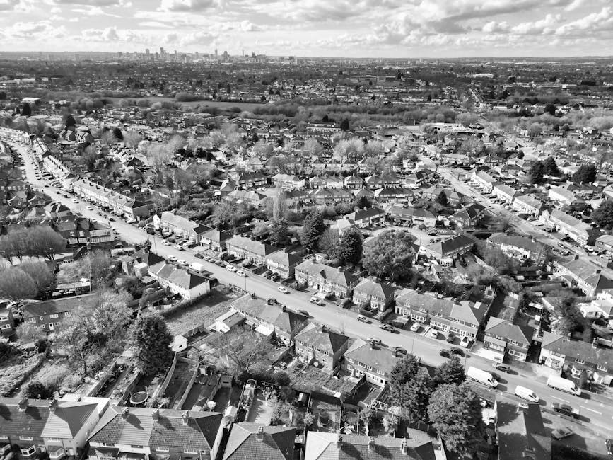 Black and white aerial photograph of a residential neighbourhood showing a street lined with terraced houses and detached homes, with parked cars along the curb. Behind the houses, there are numerous trees and gardens, indicating a suburban area. In the foreground, the rooftops of individual houses and backyards are visible, some containing sheds, fences, and garden furniture. The street appears to be in the process of a home relocation or moving service, with a Bromley Man and Van vehicle likely parked nearby, ready for furniture transport or packing and moving operations. The background extends towards an urban skyline with distant buildings, capturing the scale of the area. The scene illustrates the typical environment for house removals, highlighting the logistics involved in loading furniture, boxes, and appliances into the vehicle using trolleys and straps, and preparing for transport through the neighbourhood.