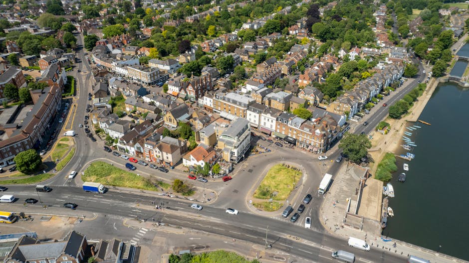 Black and white aerial photograph of a residential neighbourhood showing a street lined with terraced houses and detached homes, with parked cars along the curb. Behind the houses, there are numerous trees and gardens, indicating a suburban area. In the foreground, the rooftops of individual houses and backyards are visible, some containing sheds, fences, and garden furniture. The street appears to be in the process of a home relocation or moving service, with a Bromley Man and Van vehicle likely parked nearby, ready for furniture transport or packing and moving operations. The background extends towards an urban skyline with distant buildings, capturing the scale of the area. The scene illustrates the typical environment for house removals, highlighting the logistics involved in loading furniture, boxes, and appliances into the vehicle using trolleys and straps, and preparing for transport through the neighbourhood.